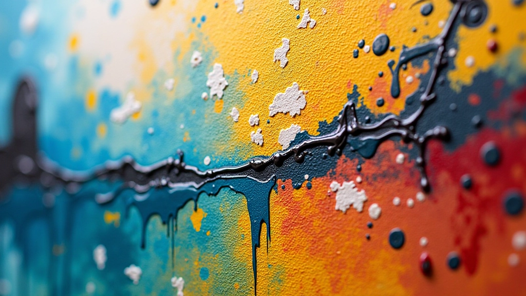 Close-up detail of abstract expressionist canvas showing thick impasto paint application and gestural mark-making technique