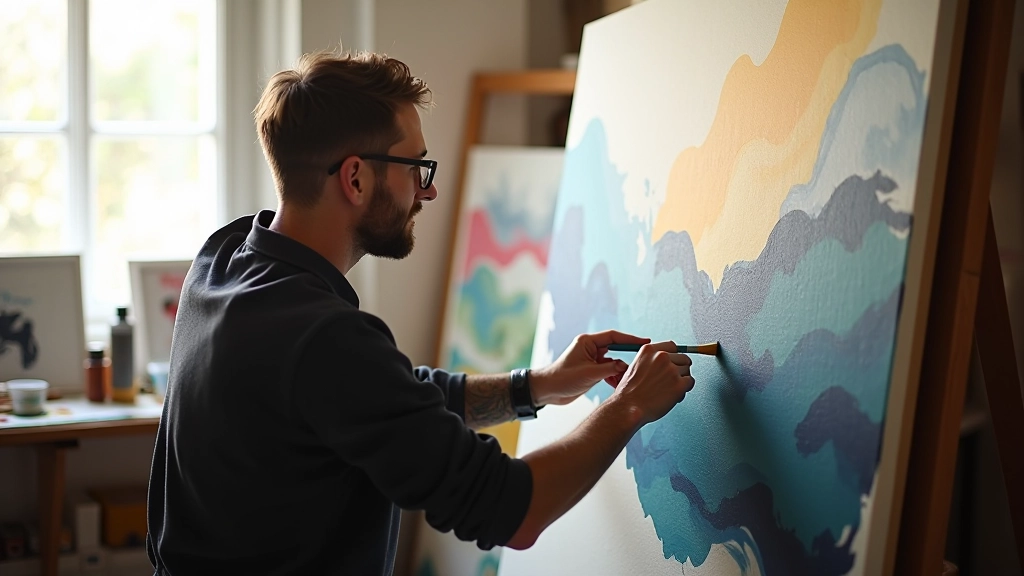 Abstract expressionist artist in studio surrounded by large canvases, working with gestural movements and bold paint application