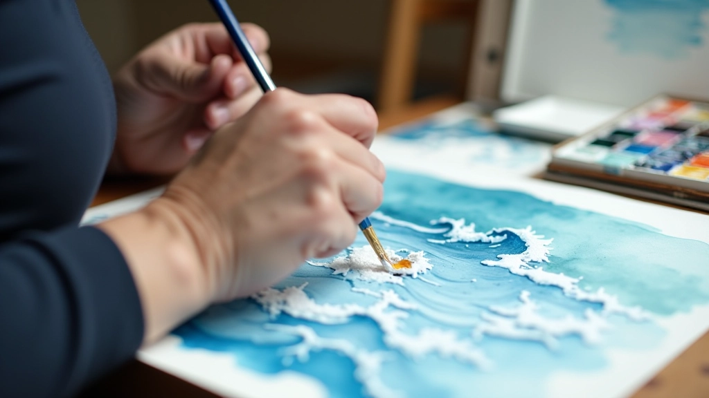 Artist's hand applying watercolour wash to seascape painting showing wet-on-wet technique with flowing pigments and water interaction