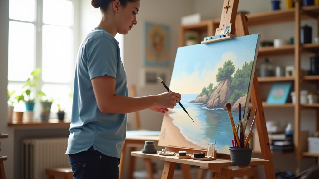 Artist's studio workspace with oil paintings, brushes, and easel setup for landscape painting techniques