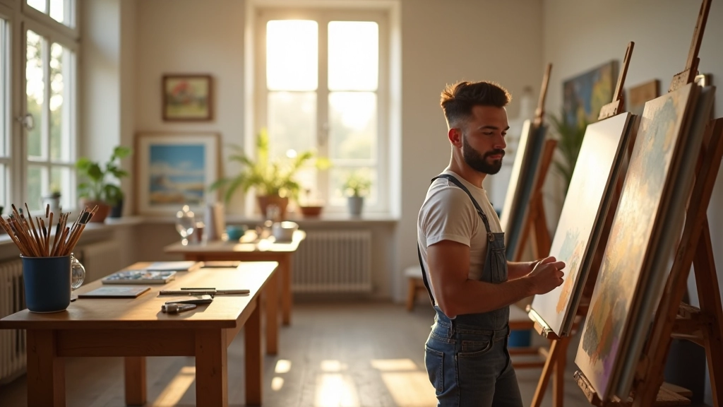 Artist's studio workspace with paint supplies, canvases, and natural light streaming through windows