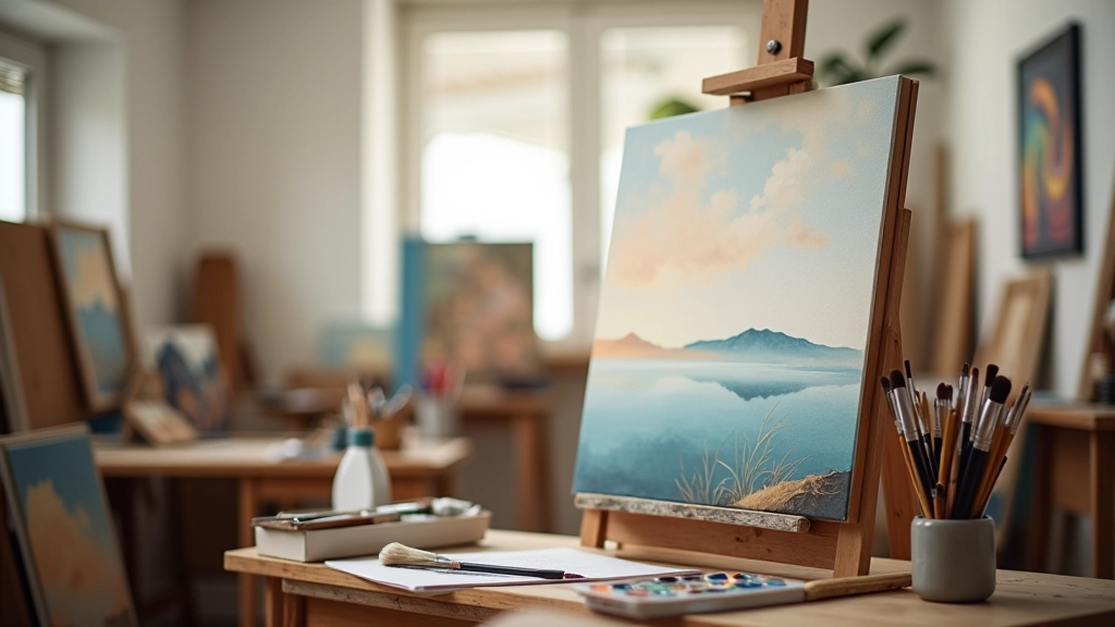 Studio workspace showing artist preparing canvas and materials for abstract expressionist painting with organised paint and tools