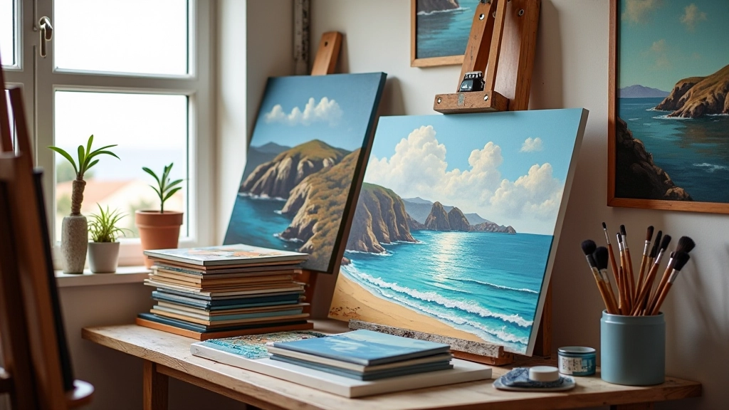 Studio workspace displaying landscape and seascape oil paintings