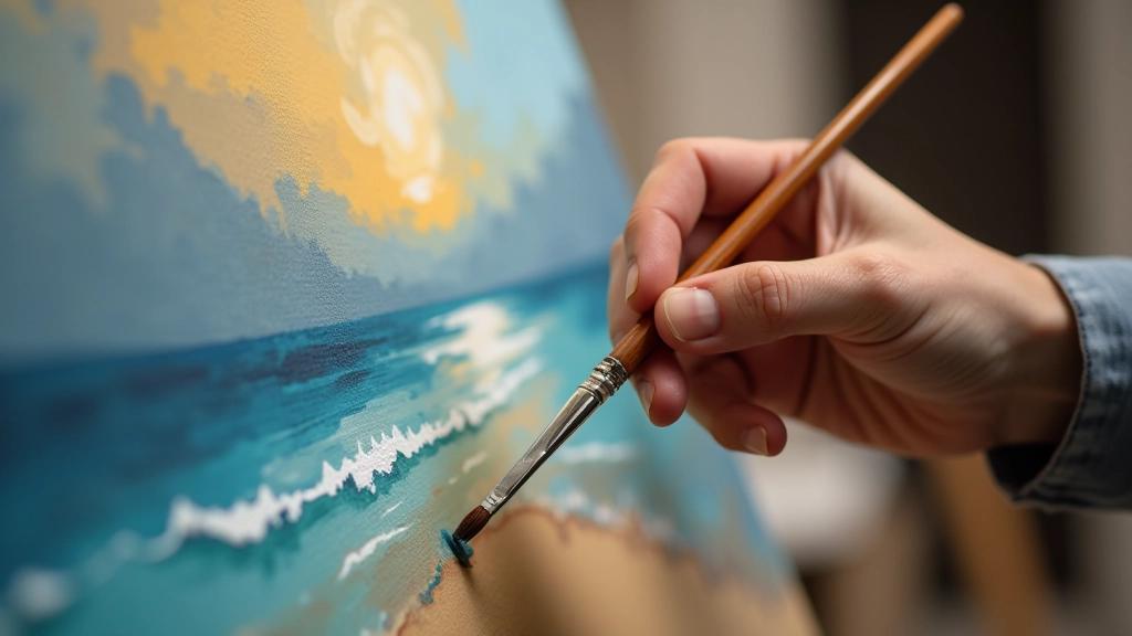 Close-up view of artist's hand holding paintbrush applying oil paint to canvas with visible brushstrokes and colour layering