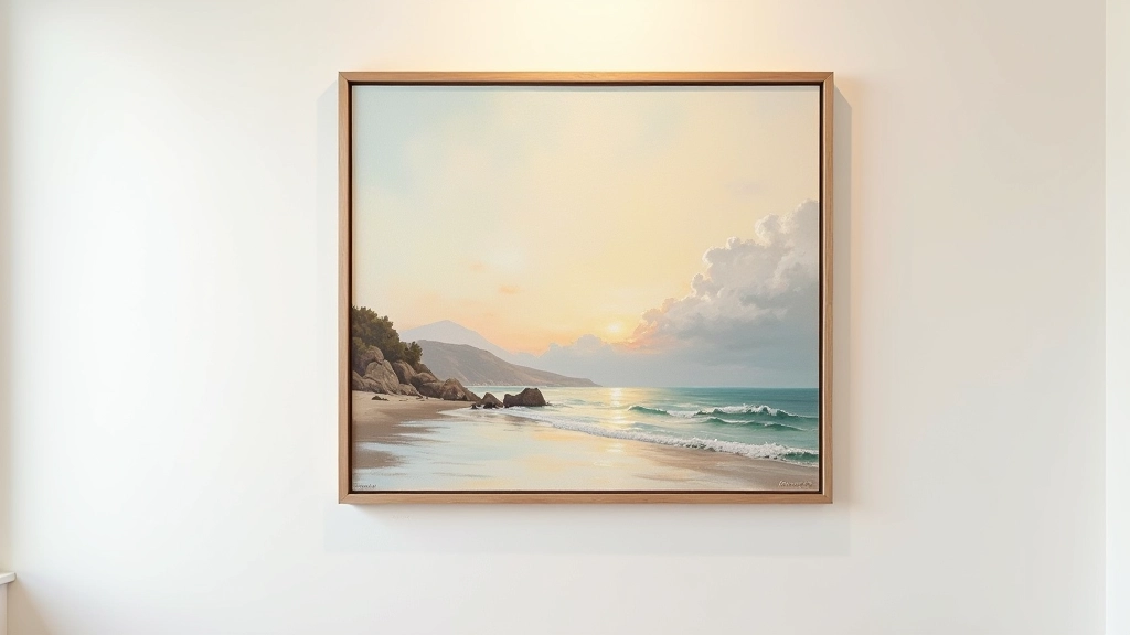 Framed original oil painting hanging on white gallery wall, soft directional lighting highlighting texture and brushwork