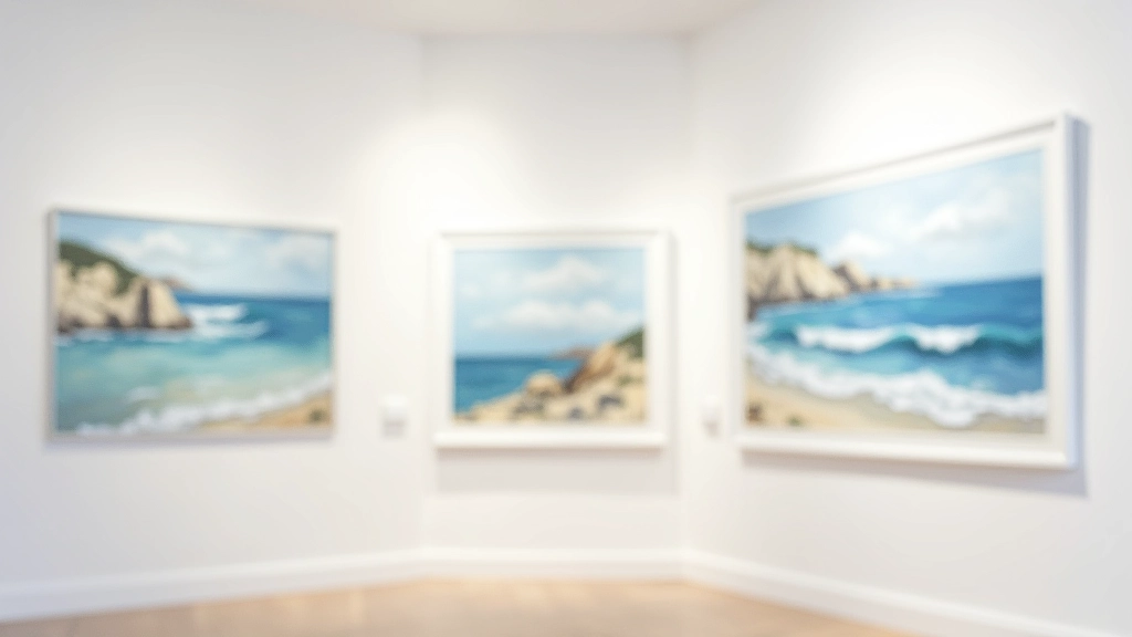 Gallery wall displaying framed watercolour seascape paintings in various styles and sizes