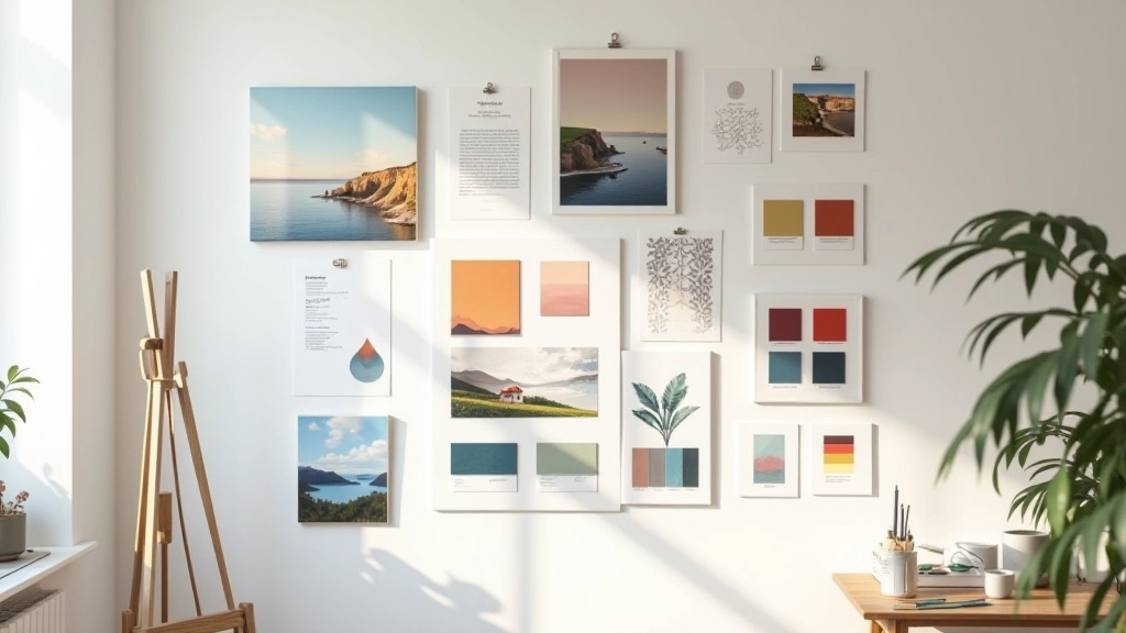 Organized mood board with colour swatches, reference images, paint samples, and sketches pinned to wall