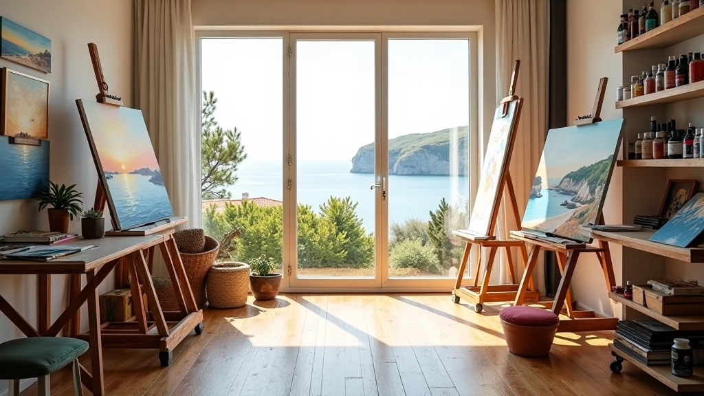 Contemporary art studio with natural lighting and ongoing paintings