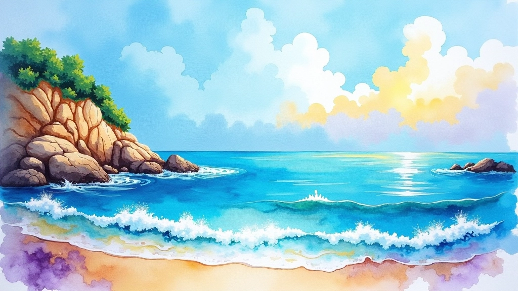 Vibrant watercolour seascape showing varied colour palette with greens, purples, and warm tones in ocean reflecting sky and light conditions