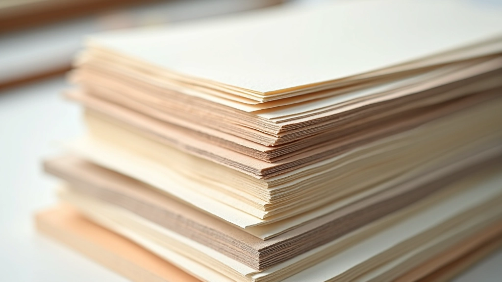 Stack of watercolour paper samples showing different textures - rough, cold pressed, and hot pressed surfaces with visible fiber content