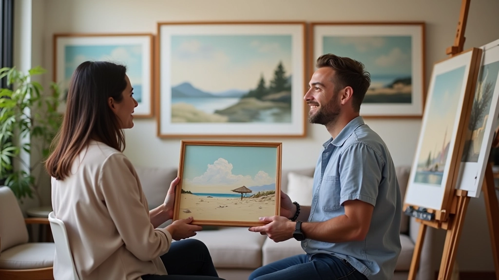 Artist's studio scene with painter working on canvas with model and commissioned artwork in progress